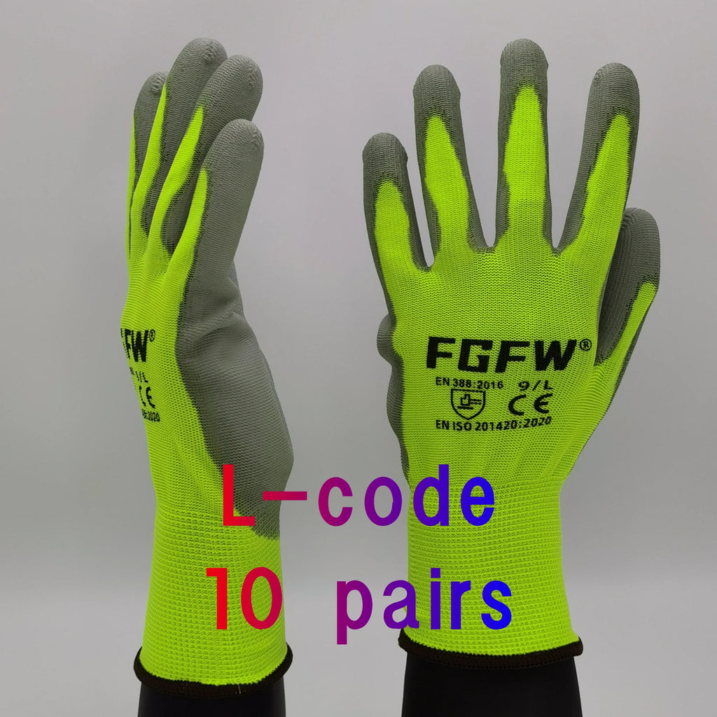 10 Pairs PU Coated Work Gloves - Lightweight, Durable Safety Gloves EN 388/ISO20471 Certified, Sizes S/M/L/XL Quick Pick Grocers