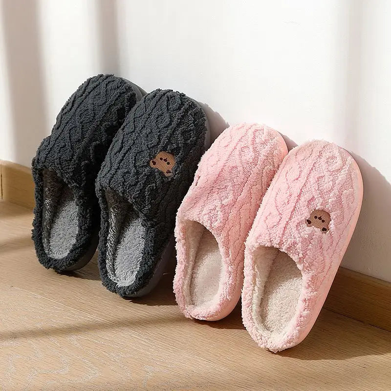 Winter Fluffy Shoes Women Cotton Slippers Cartoon Bear Thick Sole Warm Slides Men Female Couple House Indoor Plush Flat Shoes Purest Peak
