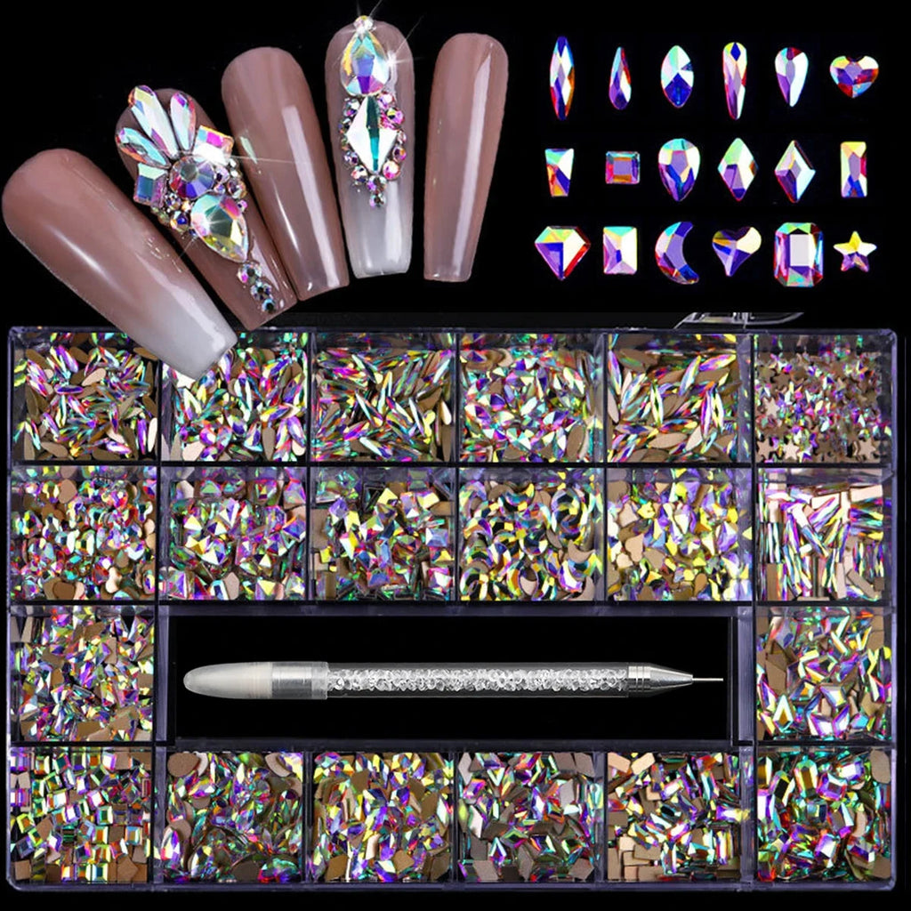 21 grid nail art diamond flat bottom glass diamond multi-style special-shaped diamond shiny nail rhinestone DIY nail art jewelry Econic Blanks
