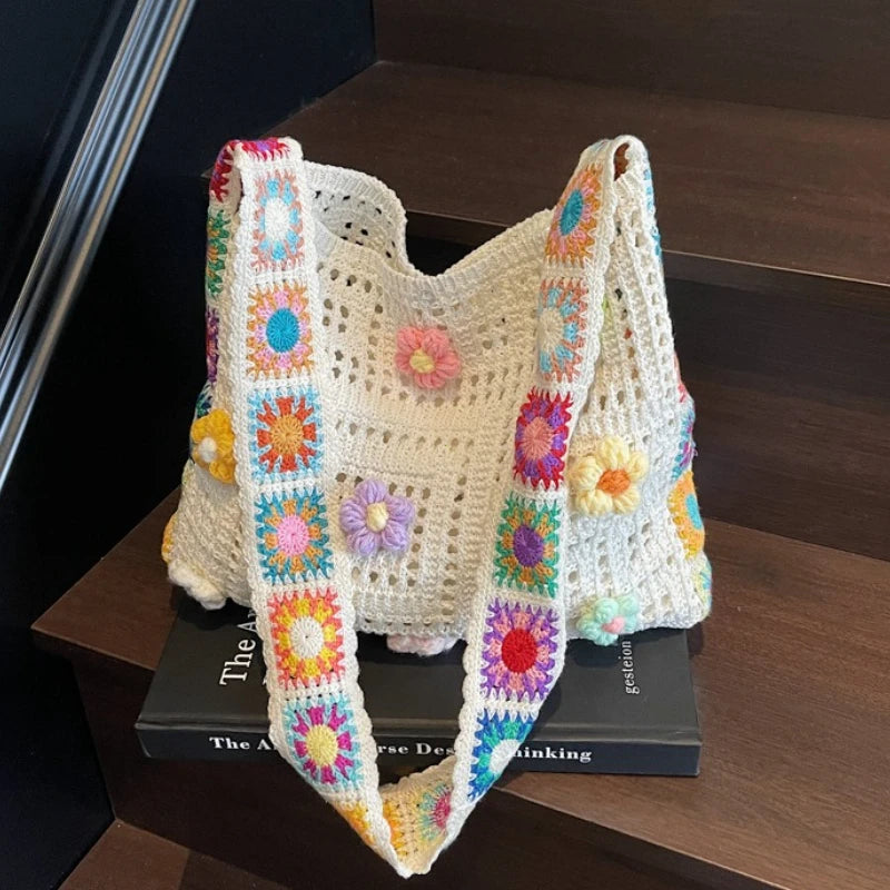 Women's Boho Crochet Bag Designer Flowers Knitted Handbags Large Capacity Summer Beach Woven Shoulder Bag Girls Tote Shopper Bag Quick Pick Grocers