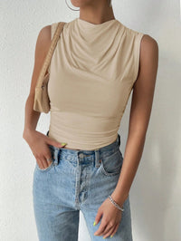 Women's Casual Pleated Design Top Summer Fashion Street Style Solid Color Slim Half High Neck Sleeveless T-Shirt Top Quick Pick Grocers