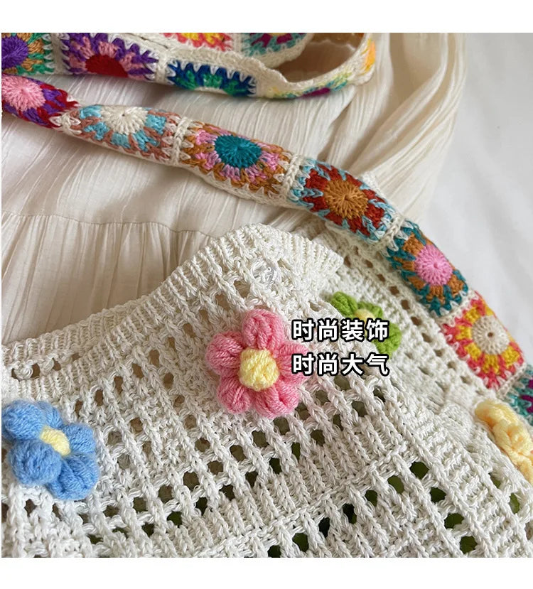 Women's Boho Crochet Bag Designer Flowers Knitted Handbags Large Capacity Summer Beach Woven Shoulder Bag Girls Tote Shopper Bag Quick Pick Grocers