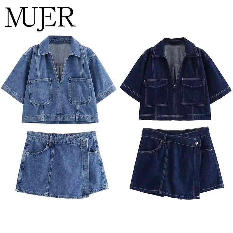 MUJER Blue Denim Shirt Woman Short Sleeve Cropped Shirt Women Summer Short Tops Woman Streetwear Y2k Stylish Women's Blouses Quick Pick Grocers