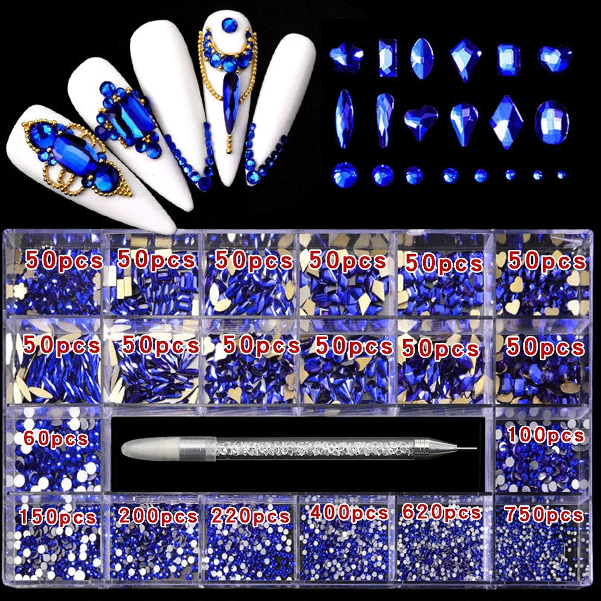 21 grid nail art diamond flat bottom glass diamond multi-style special-shaped diamond shiny nail rhinestone DIY nail art jewelry Econic Blanks