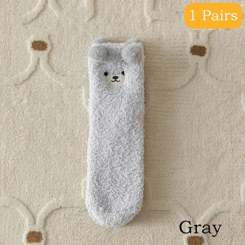 2 Pairs Cute Socks Bear Women Coral Velvet Thick Plush Warm Socks Sleep Fluffy Socks Cute Cartoon Lovely Floor Fuzzy Sock Winter Purest Peak