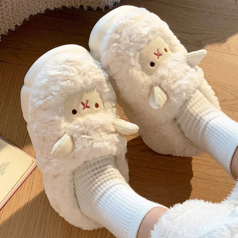 Winter Cartoon Plush Slippers Warm Fluffy Faux Fur Sheep Design Indoor Home Couple Cotton Slippers for Men And Women Purest Peak