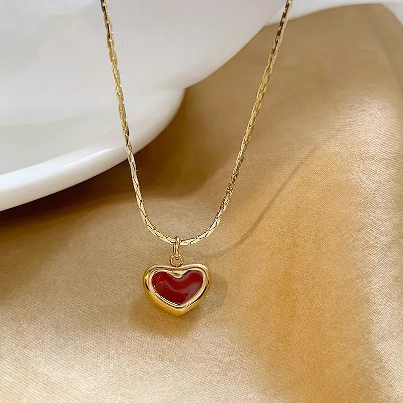 2025 Mothers Day Red Heart Pendant Stainless Steel Gold Color Chain Necklace for Women Non Fading Jewelry Sweet Accessories Gift Quick Pick Grocers