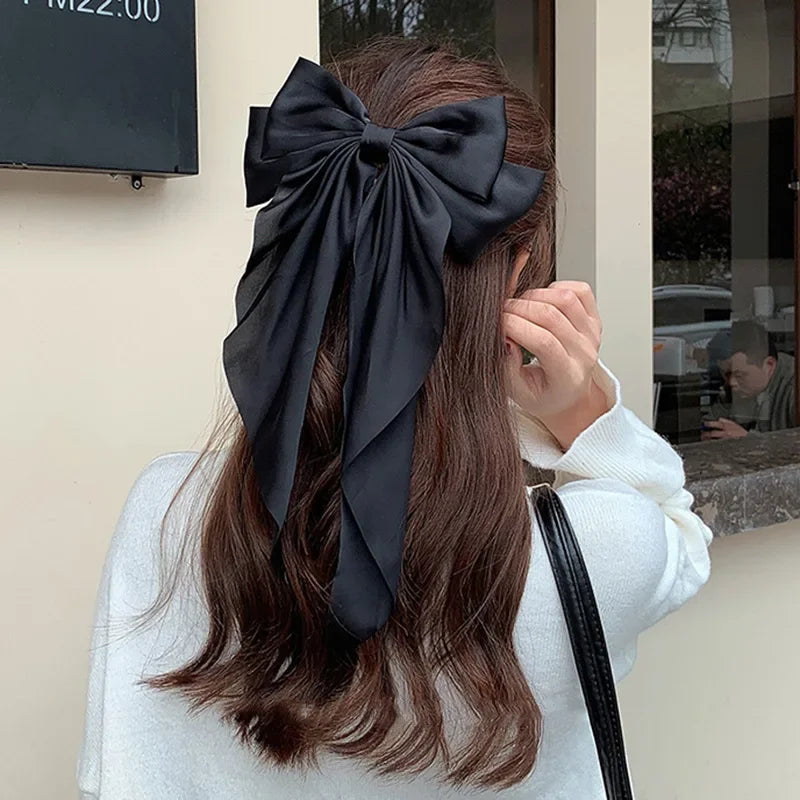 Korean Accessories Hair Clips for Women Girls Big Bowknot Solid Satin Long Ribbon Bows Spring Clamp Barette Cheveux Femme 2023 Quick Pick Grocers