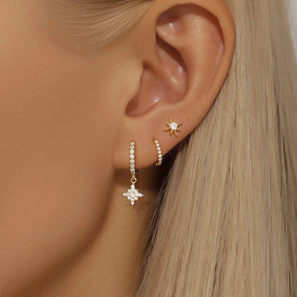 3 Piece Fashion Stainless Steel Round Star Drop Earrings Set for Women 18K Gold Plated Dangle Earring Punk Unisex Rock  Jewelry Econic Blanks