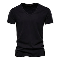Brand Quality 100% Cotton Men T-shirt V-neck Fashion Design Slim Fit Soild Male Tops Tees Short Sleeve Quick Pick Grocers