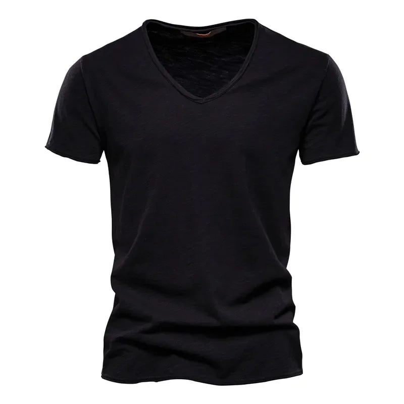 Brand Quality 100% Cotton Men T-shirt V-neck Fashion Design Slim Fit Soild Male Tops Tees Short Sleeve Quick Pick Grocers
