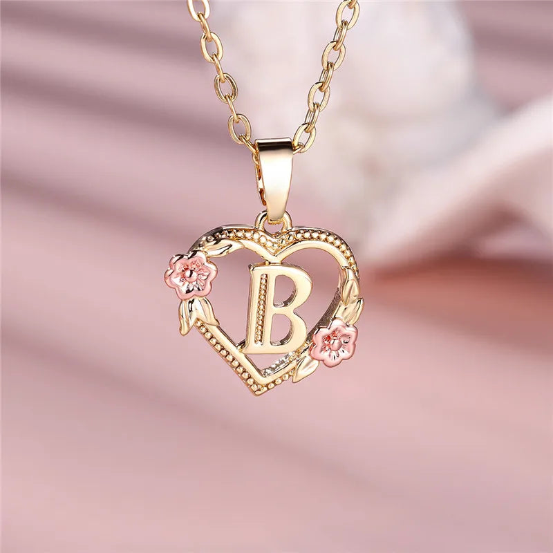 Female A-Z Letter Flower Pendant Necklace Yellow Gold Color Wedding Jewelry Gift For Women Quick Pick Grocers