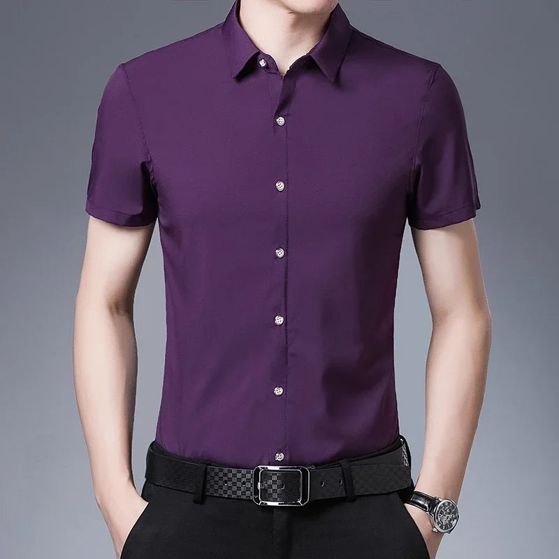 Men's Business Casual Solid Color Short Sleeved Shirt Non Ironing Comfortable Top Quick Pick Grocers