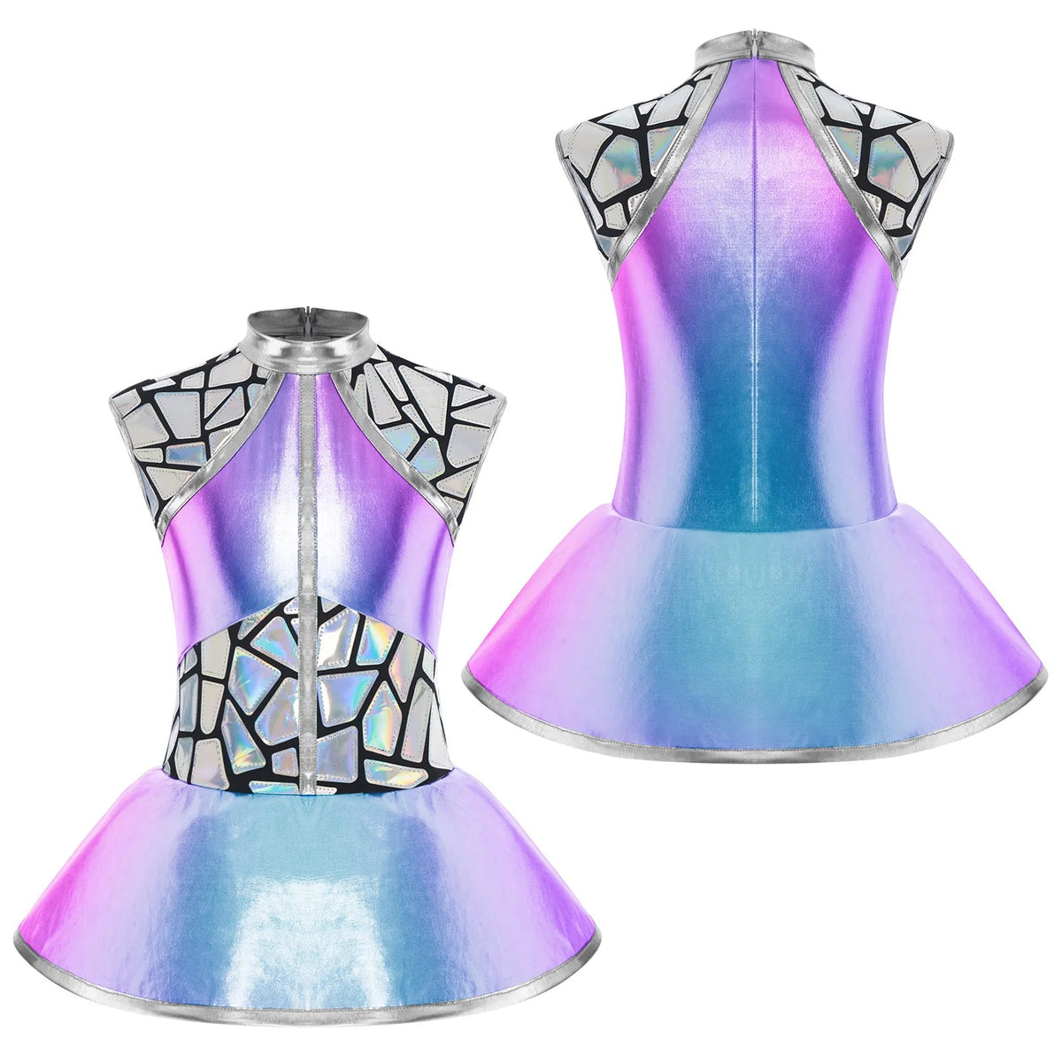 Girls Shiny Alien Outerspace Halloween Cosplay Costume Sleeveless Mock Zip Neck Tutu Dance Dress for Future World Party Quick Pick Grocers
