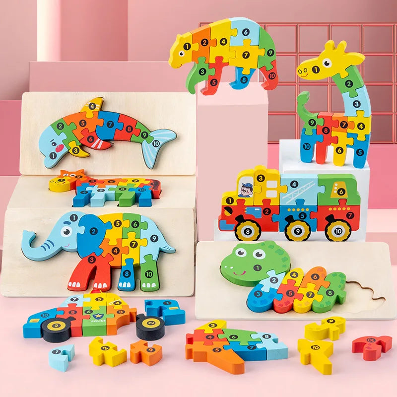 3D Stereoscopic Montessori Wooden Puzzle Cartoon Dinosaur Animal Shape Color Cognitive Educational Game Toy Kids Birthday Gift Purest Peak