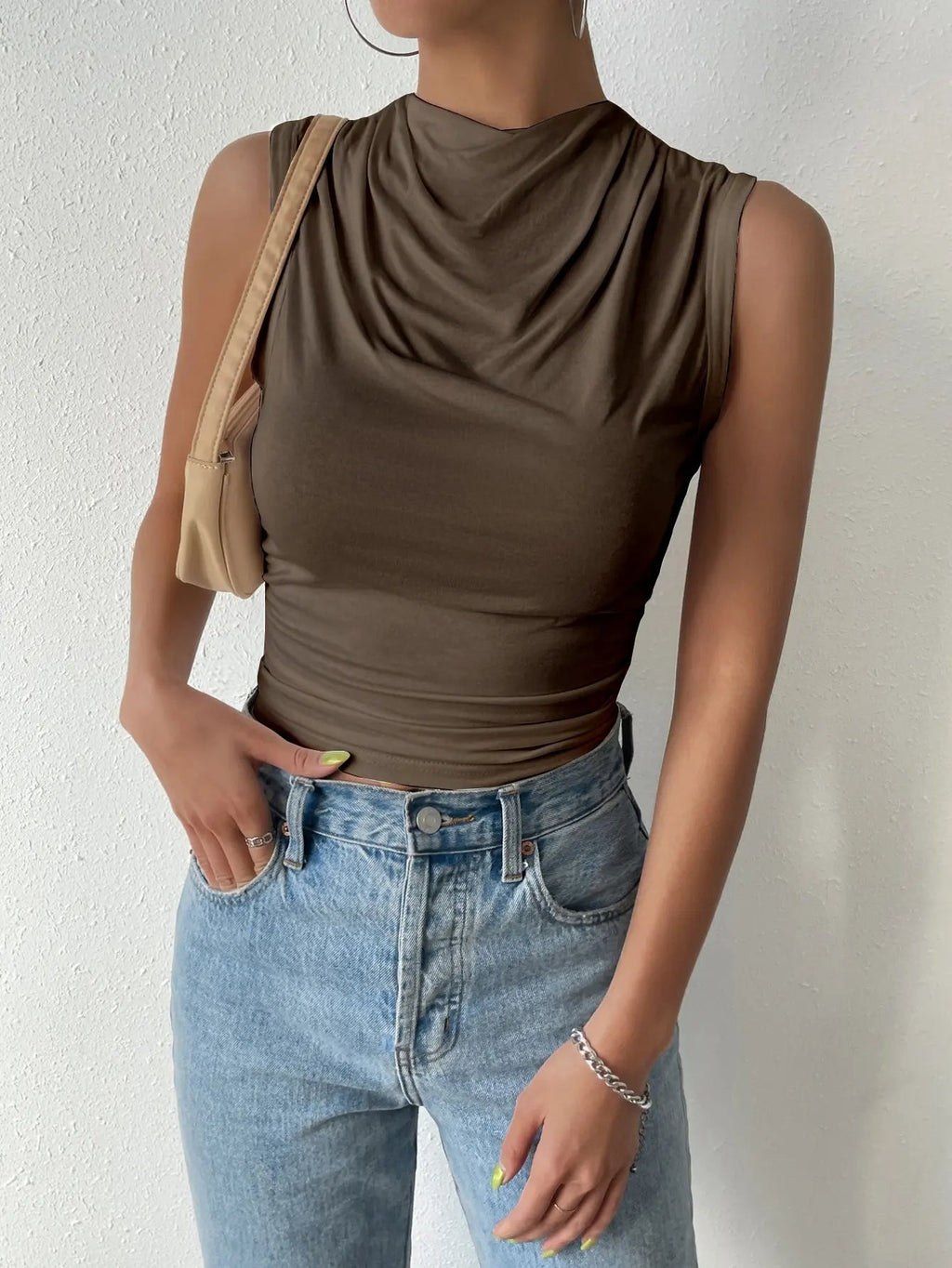 Women's Casual Pleated Design Top Summer Fashion Street Style Solid Color Slim Half High Neck Sleeveless T-Shirt Top Quick Pick Grocers