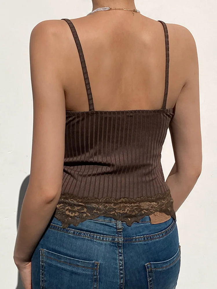 Gothic Basic Bodycon Women Camis Grunge Punk Black Casual Lace Trim Crop Tops Ribbed Backless Alt Clothes Summer Quick Pick Grocers