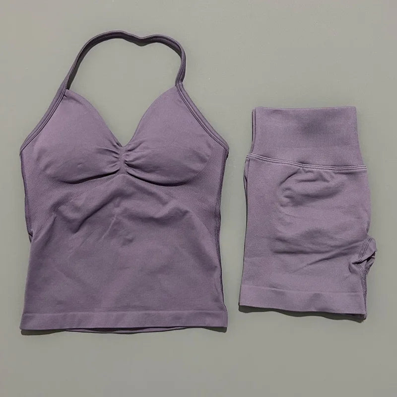 HISTELLO 2 Pieces Sports Set Women Yoga Longline Strap Top Scrunch Seamless Shorts Sport Gym Set Sportswear Workout Fitness Set Quick Pick Grocers