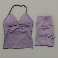 HISTELLO 2 Pieces Sports Set Women Yoga Longline Strap Top Scrunch Seamless Shorts Sport Gym Set Sportswear Workout Fitness Set Quick Pick Grocers
