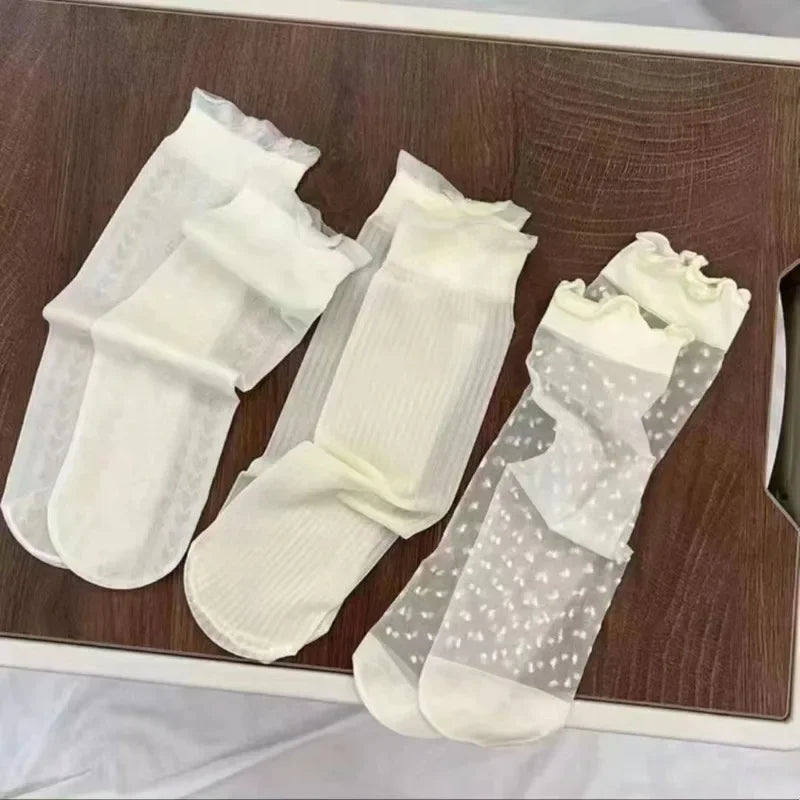 3pairs Summer Lace Bow Mesh Thin Low Tube Socks for Women Lolita Cute Aesthetic Black White JK Short Stockings New Fashion Socks Quick Pick Grocers
