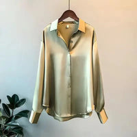 Plus Size Casual Women Silk Shirt 2025 New Fashion Loose Long Sleeve Button-Down Blouse Female Elegant Top Office Acetate Shirts Quick Pick Grocers