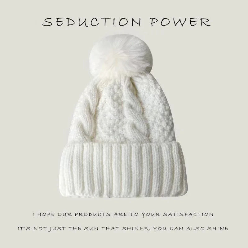 New Winter Twist Knitting Hat For Women Fur Pompom Thick Plush Cap Beanie Solid Color Ladies Warm Ski Snow Skullies Beanies Purest Peak