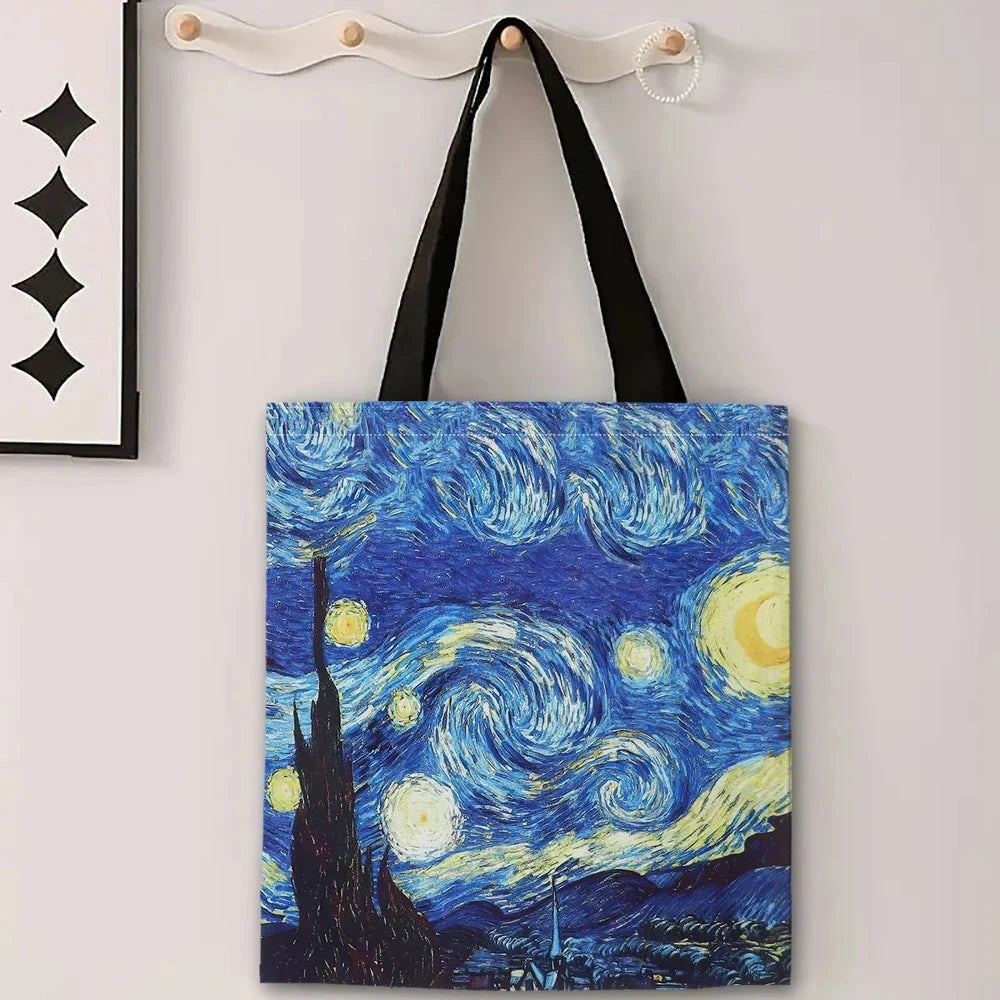 Canvas Bag Van Gogh Series Canvas Bag Oil Painting Starry Night Sunflower Apricot Flower Coffee Holder Handbag 30X35cm Econic Blanks