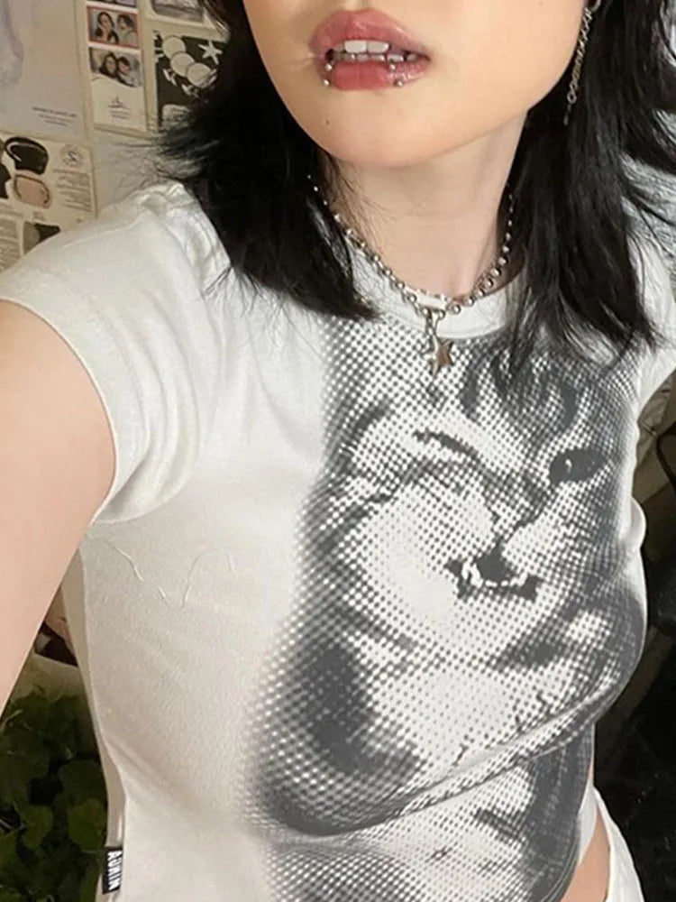 Harajuku Animal Print Crop Top Basic White Short Sleeve Crewneck T-shirt Women Casual Slim-fitting Tees Lady y2k Vintage Quick Pick Grocers