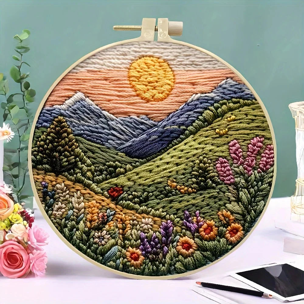 Beginners Hand Embroidery Kit - Mountain and Moon Landscape, Mixed Colors, Fabric Included - Perfect Handmade Gift Econic Blanks