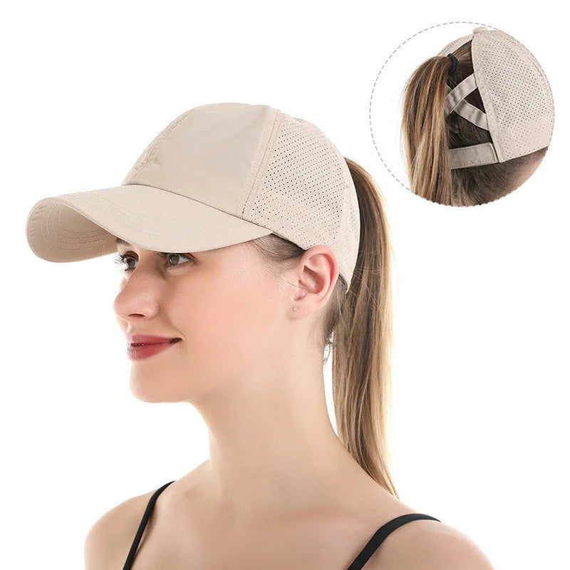 Summer Solid Color Baseball Cap Women's Athleisure Cross Ponytail Hat Mesh Quick-Drying Cap Visor Hat Quick Pick Grocers