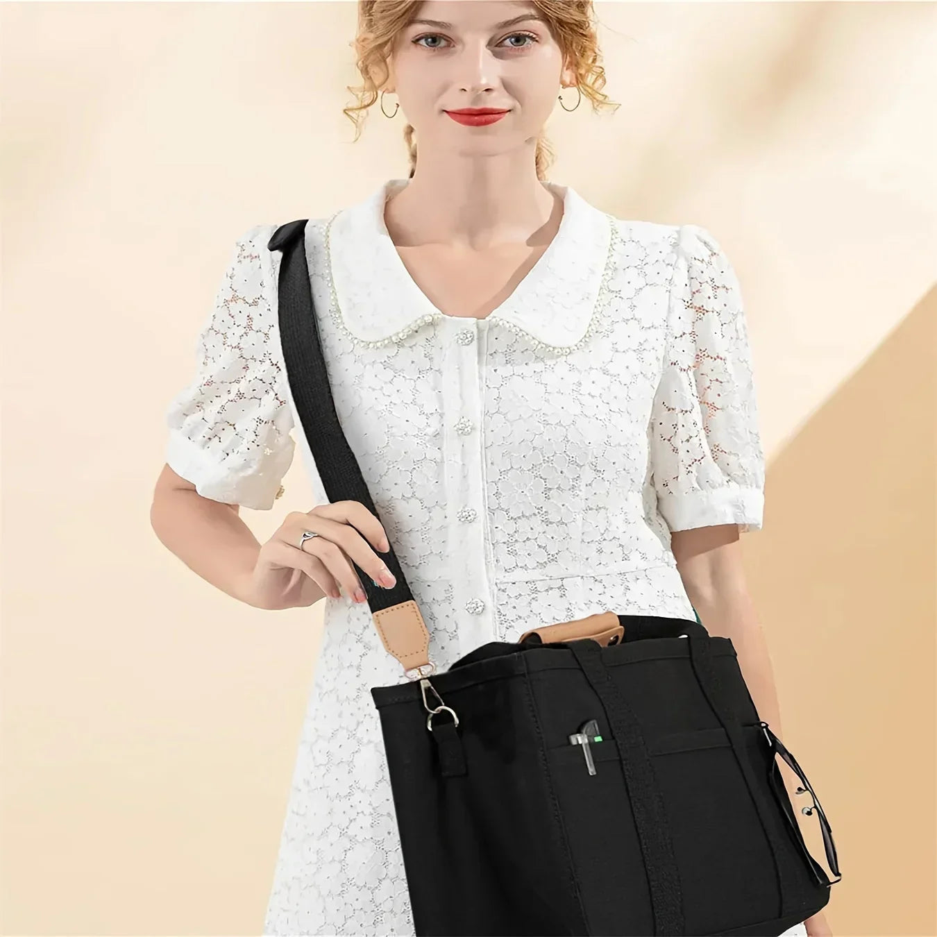 Ladies Canvas Handbag Multi Pocket Large Capacity Tote Bag Adjustable Shoulder Strap Casual Shoulder Shopping Bag Econic Blanks