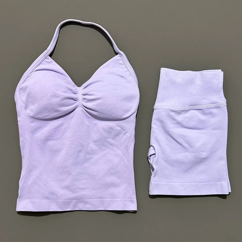 HISTELLO 2 Pieces Sports Set Women Yoga Longline Strap Top Scrunch Seamless Shorts Sport Gym Set Sportswear Workout Fitness Set Quick Pick Grocers