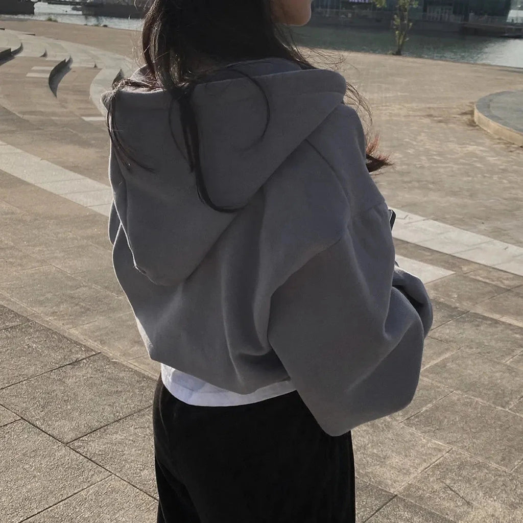Casual Hood Sweatshirt Women Y2K Zip Up Hoodies Solid Harajuku Long Sleeve Shirt Oversized Crop Tops Female Loose Jackets Coat Econic Blanks