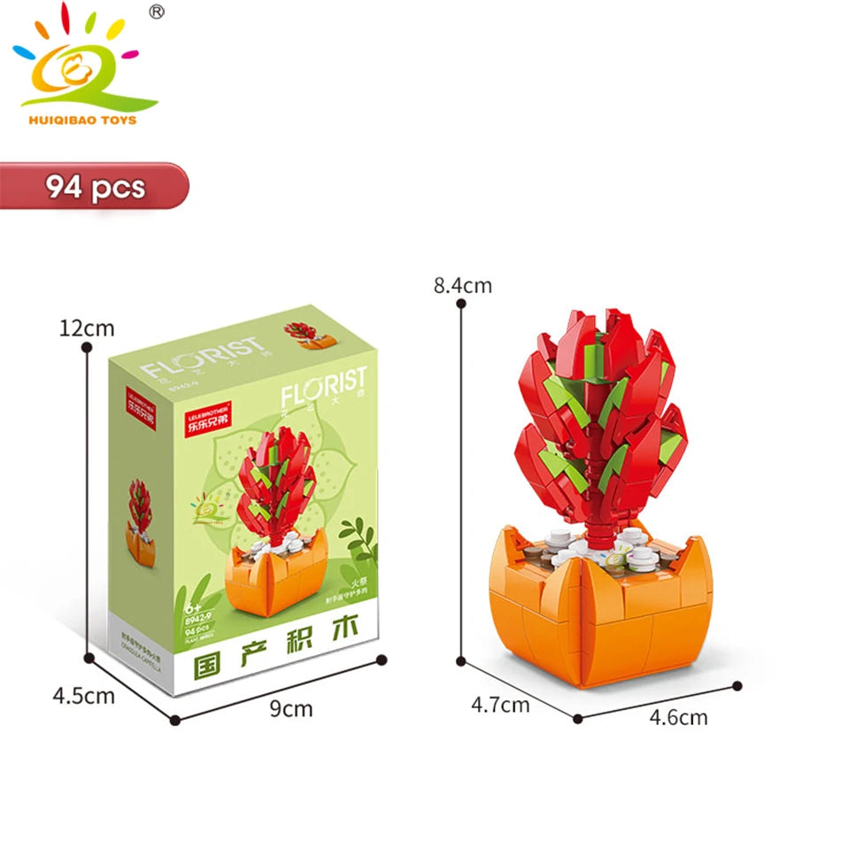 HUIQIBAO MOC Flower Succulent Potted Model Building Block DIY Eternal Bouquet Home Desk Plant Decor Brick Girl Gift Children Toy Quick Pick Grocers