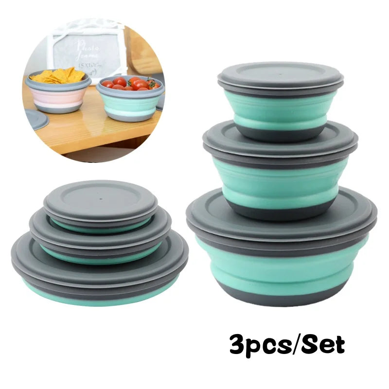 Portable Folding Lunch Box Bowl Sets Silicone 3Pcs/Set Food Container Outdoor Camping Tableware Set Foldable Salad Bowl with Lid Quick Pick Grocers