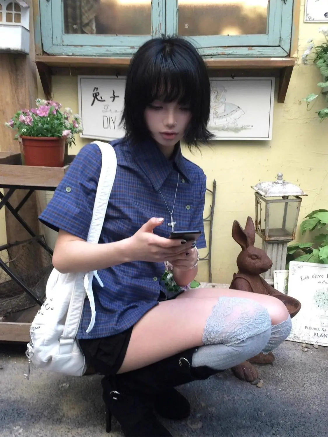 Genayooa Vintage Plaid Casual Shirt Women Short Sleeve Y2k Tops Japanese 2000s Summer Shirt Irregular American Retro 90s Tshirts Quick Pick Grocers