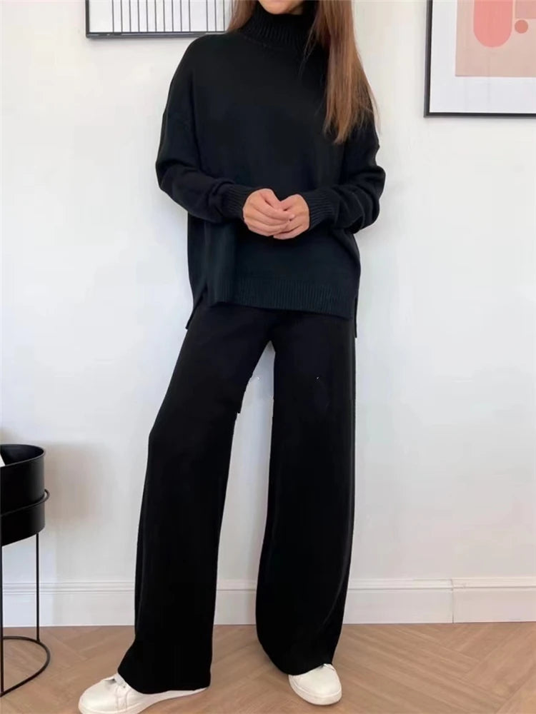 Autumn Winter 2 Pieces Women Sets Knitted Tracksuit Turtleneck Sweater and Straight Jogging Pants Suits Quick Pick Grocers