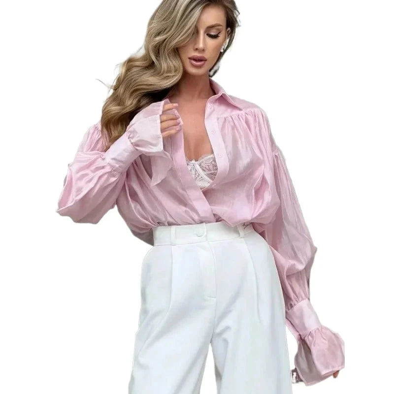 Bornladies Autumn Women's Fashionable Loose Collared Shirt Office Lady Solid Color Versatile Flare sleeve Top Long Sleeved Shirt Econic Blanks