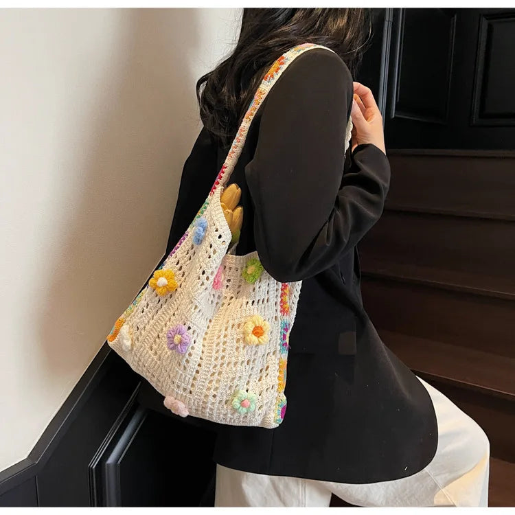 Women's Boho Crochet Bag Designer Flowers Knitted Handbags Large Capacity Summer Beach Woven Shoulder Bag Girls Tote Shopper Bag Quick Pick Grocers