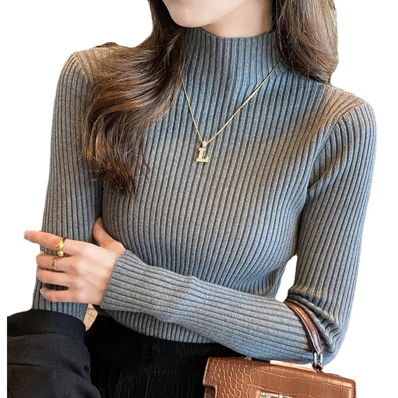 New Women's Elegant Solid Basic Knitted Tops Women Turtlneck Sweater Long Sleeve Casual Slim Pullover Fashion Simple Chic Tops Quick Pick Grocers
