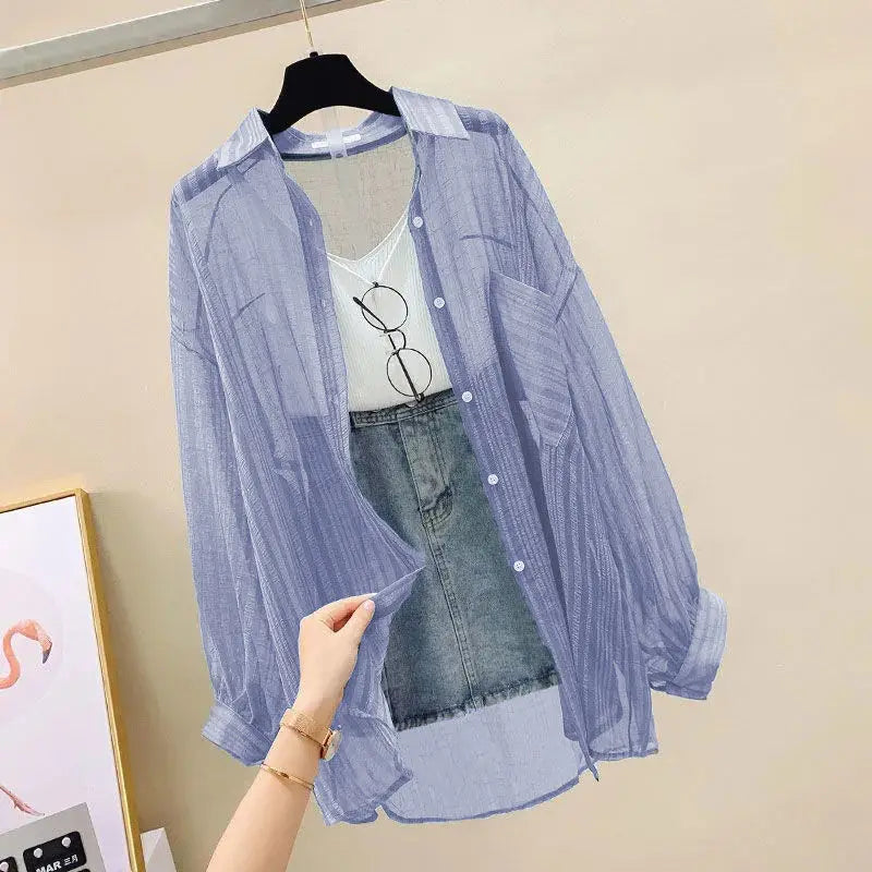 Summer Sunscreen Shirt Elegant Perspective Thin Chiffon Blouse Korean Harajuku See Through Loose Top Casual Women's Cardigan Quick Pick Grocers