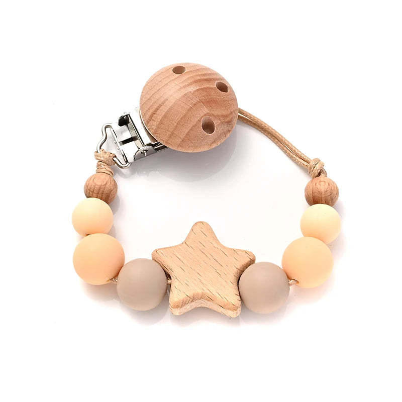 Baby Pacifier Chain Clips Wood Pentagram Teether Silicone Round Beads Teething Chain For Baby Care Soother Chew Toys Shower Gift Purest Peak