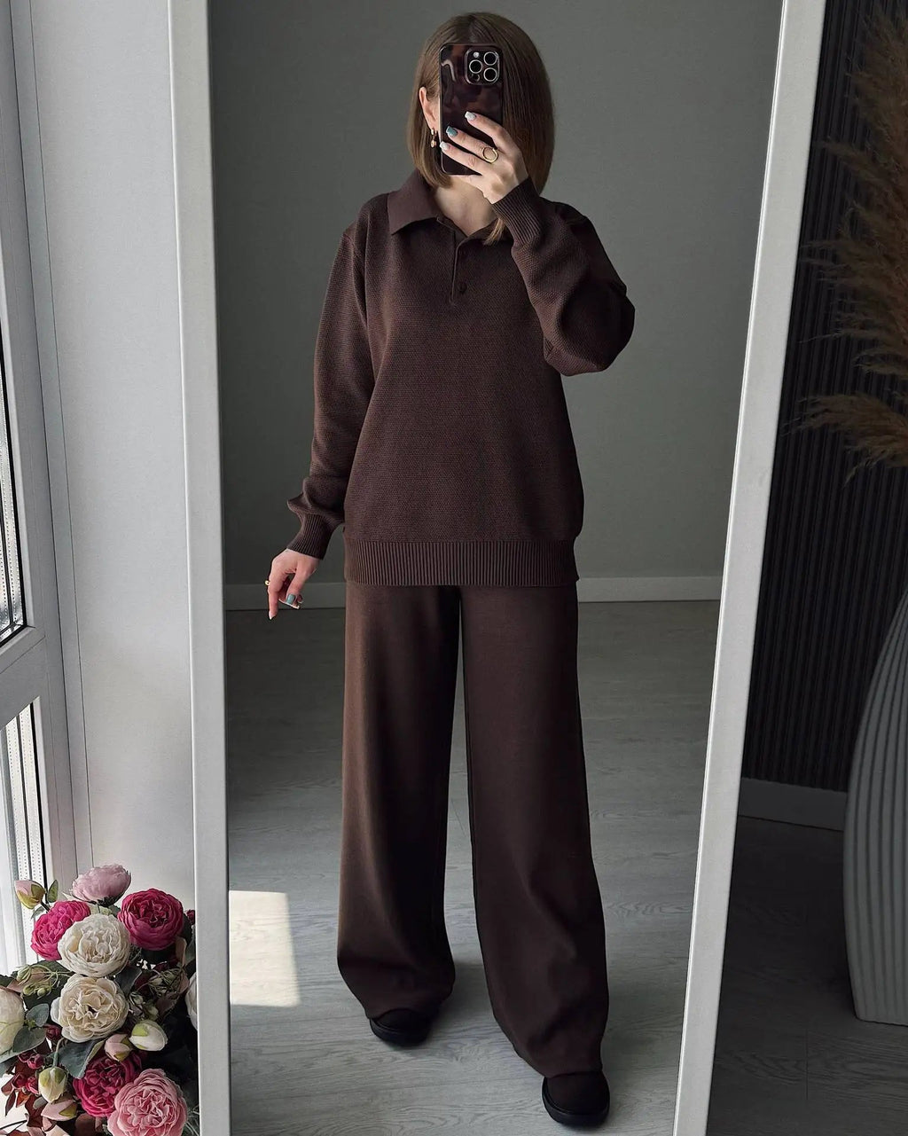 Hirsionsan Winter Thick Women Knitted Suits Soft 2 Pieces soft Female Sets Polo Neck Sweater & Wide Leg Pants Knitted Outfit Quick Pick Grocers