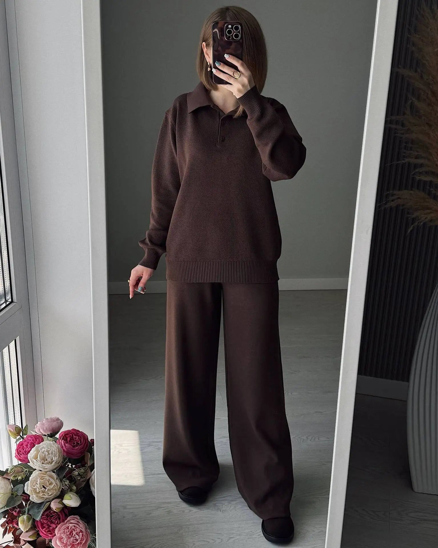 Hirsionsan Winter Thick Women Knitted Suits Soft 2 Pieces soft Female Sets Polo Neck Sweater & Wide Leg Pants Knitted Outfit Quick Pick Grocers