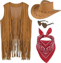 Women Men Cowgirl Costume Western Vest Hat Belt Bandana Set for Cowboy Tassels Fringe Vest Halloween Outfits Wild West Cosplay Quick Pick Grocers
