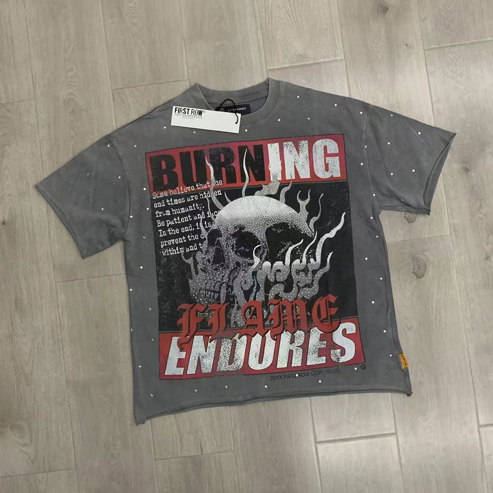 Streetwear Vintage Washed Diamond Cropped Tee for Men Crew Neck Short Sleeve Loose Cotton Rhineston Tshirts Oversized Quick Pick Grocers