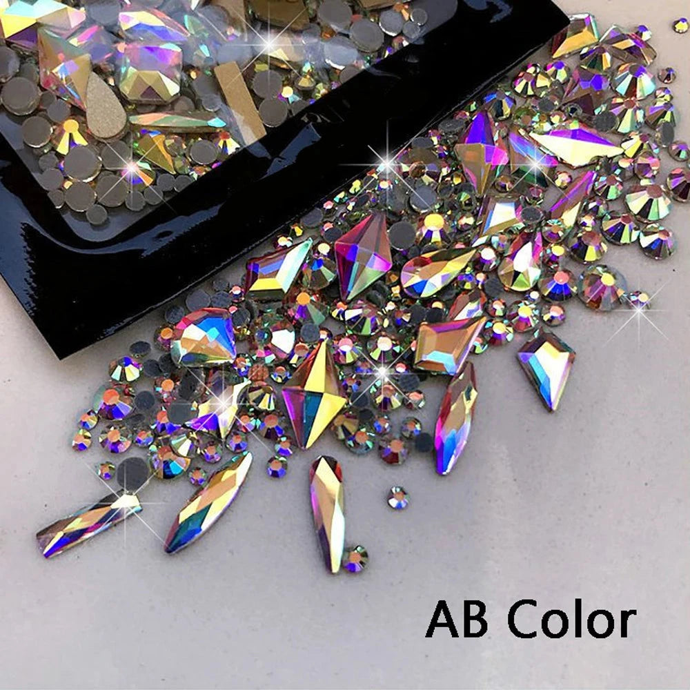 180pcs AB Flatback Glass Nail Art Rhinestones Multi-shape Mixed Diamond Gems Blue Purple Crystal Stones For DIY Nail Decoration Econic Blanks