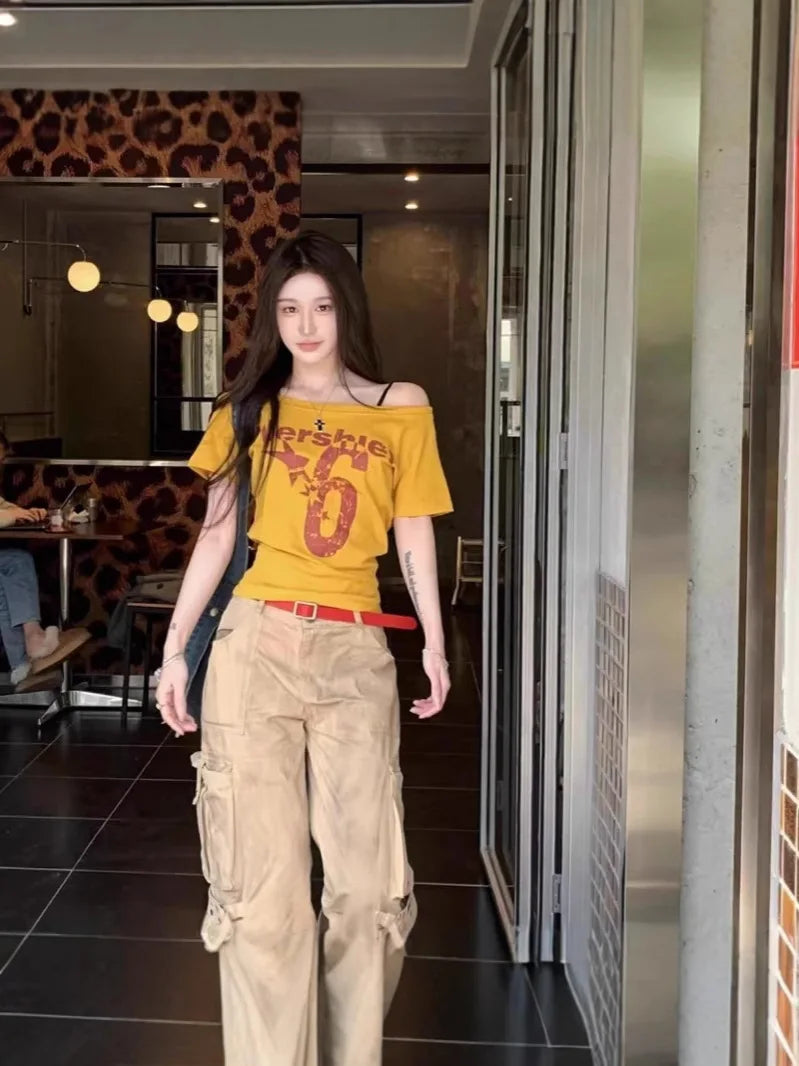 Y2k Sport Summer Off shoulder Top Women Sexy Vintage 2000s Short sleeve T shirt Lady Body Basic Crop Top Female Casual Quick Pick Grocers