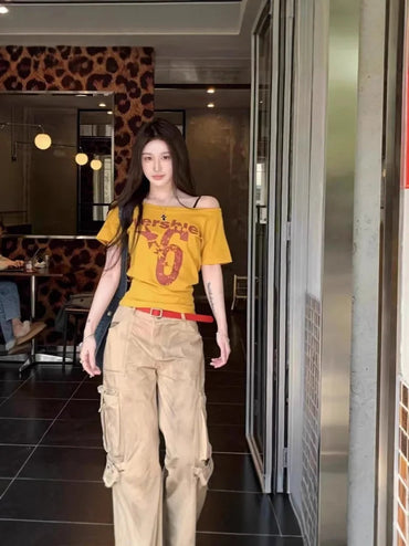 Y2k Sport Summer Off shoulder Top Women Sexy Vintage 2000s Short sleeve T shirt Lady Body Basic Crop Top Female Casual Quick Pick Grocers