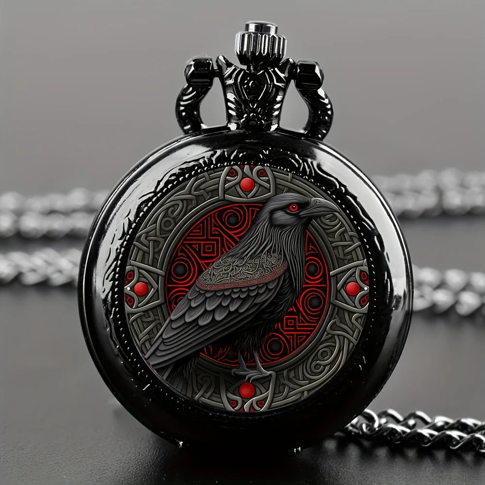 Gothic Design Black Raven Pocket Watch With Necklace Alloy Case & Band,Quartz Movement, Non-Waterproof Watch for Men Women Kids Quick Pick Grocers